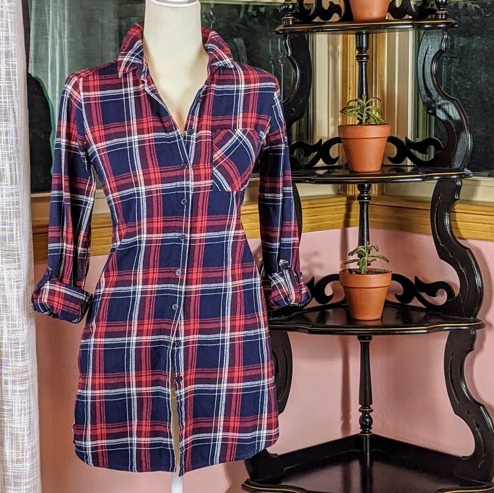 Mid Thigh Red White & Blue Button Down Flannel